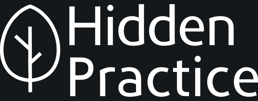 Supplied white Hidden Practice wordmark on the existing dark background